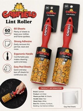 Garfield Red Lint Roller with Ergonomic Handle - 60 Sheets